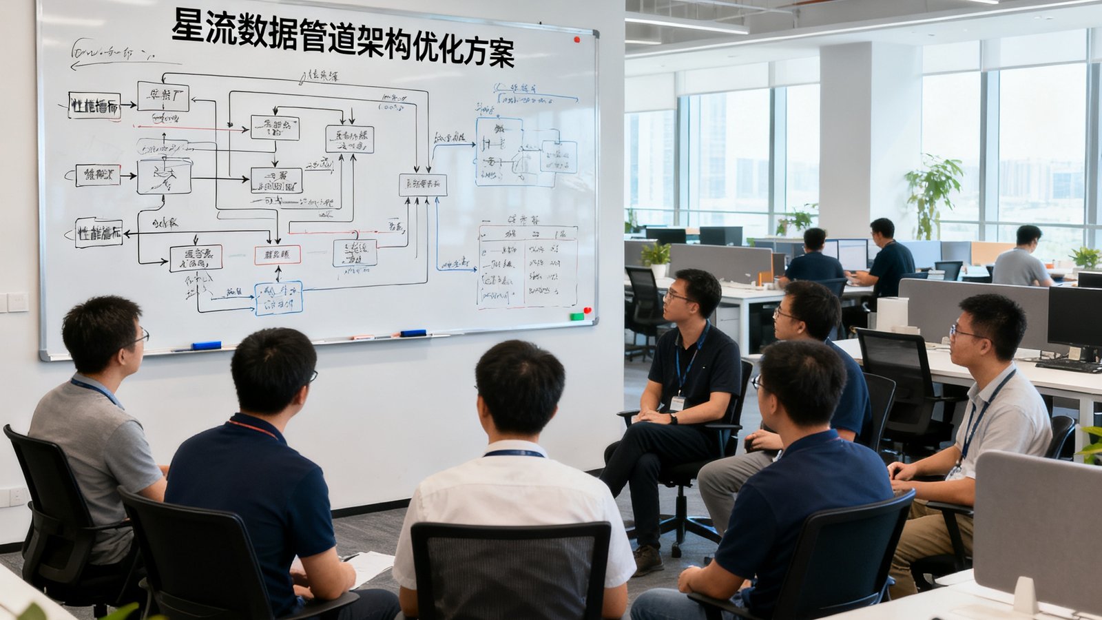 华体会深圳总部开放式办公区内，十余位工程师围坐在白板前讨论星流数据管道的架构优化方案，白板上画满了技术流程图与性能指标。