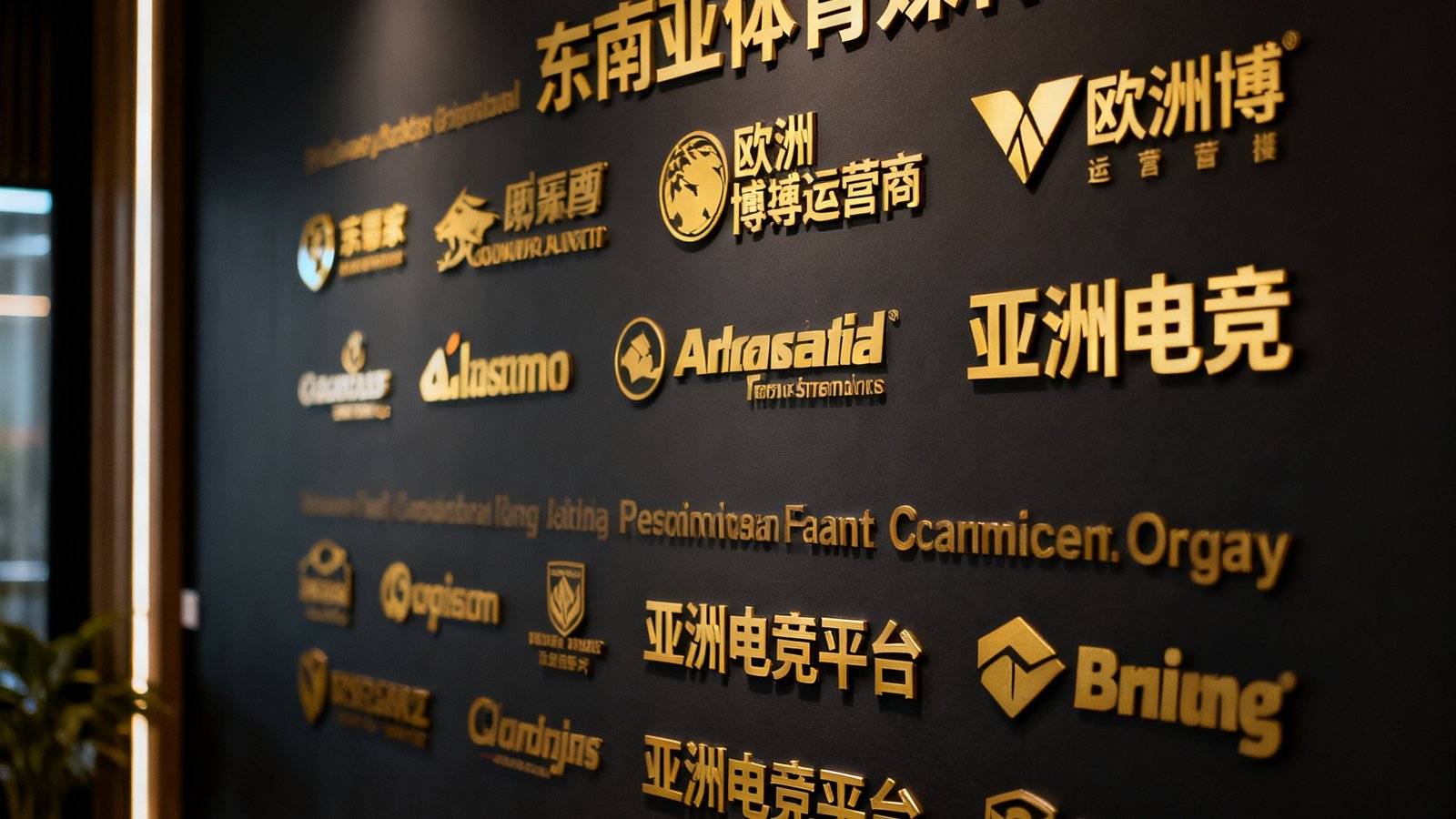华体会合作伙伴品牌墙，展示包括东南亚体育媒体集团、多家欧洲博彩运营商、亚洲电竞平台等代表性客户的品牌标识，以深色背景衬托金色品牌文字。
