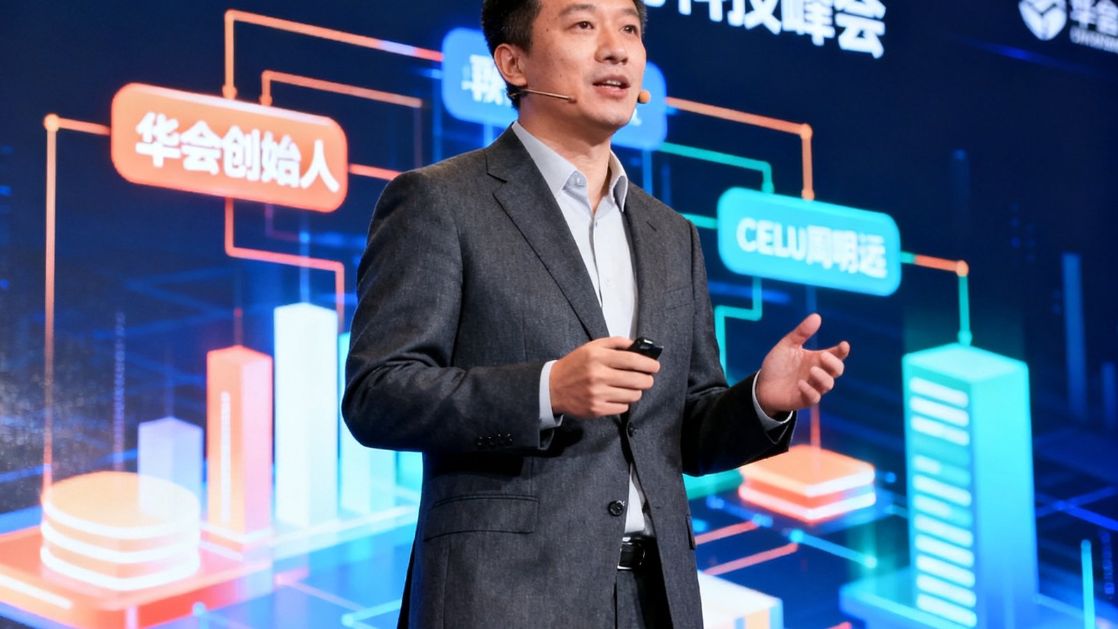 华体会联合创始人兼CEO周明远在2024年深圳体育科技峰会上发表主题演讲，身穿深灰色西装，背景是巨大的LED屏幕展示数据架构图。